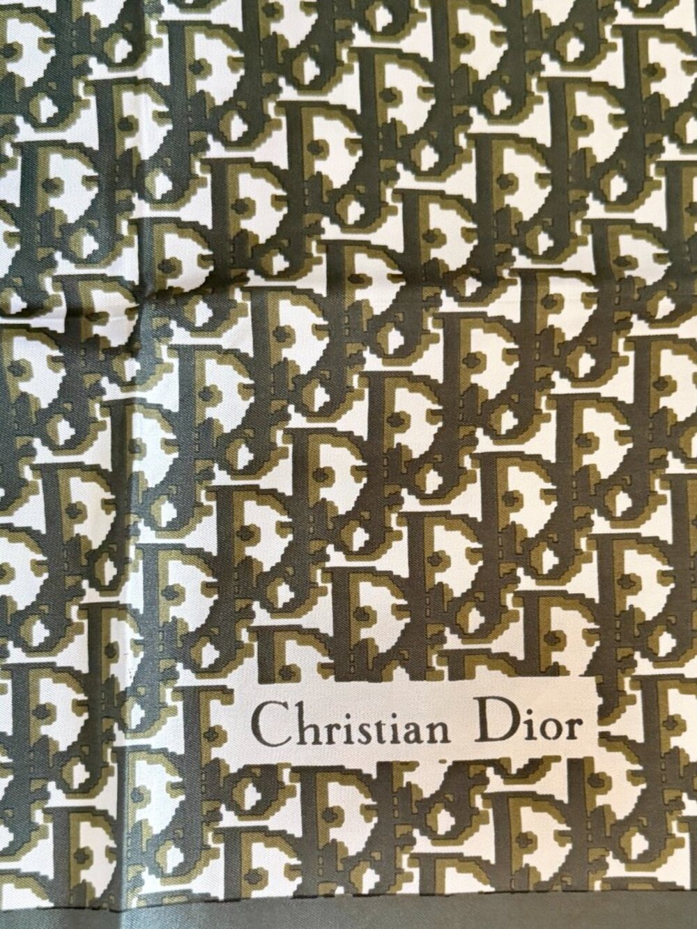 Vintage Christian Dior Silk Scarf 30" 80cm Dior Monogram Olive Ivory Square - Picture 2 of 4